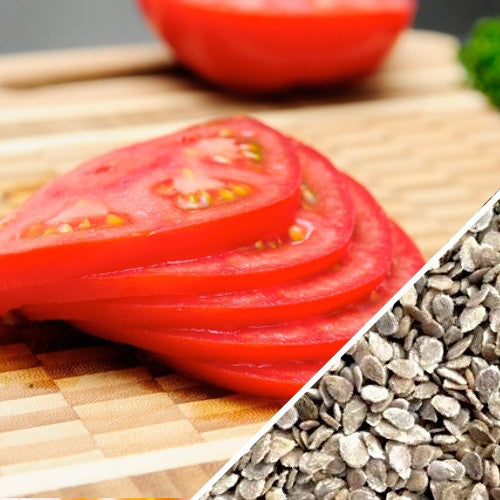 Red VR Moscow determinate tomato seeds from SeedsNow, showing small, healthy tomato seed packets on a white background.