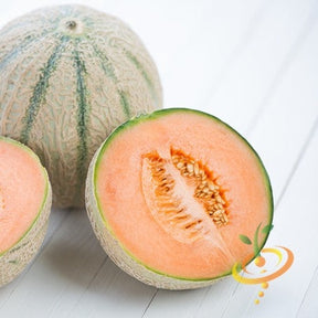 Hales Best Jumbo cantaloupe melon seeds from SeedsNow, displayed in a plastic packet with ripe melons in the background.
