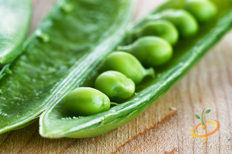 Sugar snap pea seeds from SeedsNow, close-up of vibrant green pea pods and seeds on a neutral background.